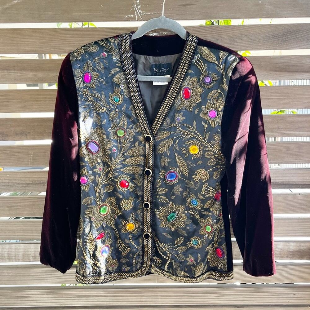 DIANE FREIS Vintage Burgundy Velvet Jacket with Beading and Embellishments